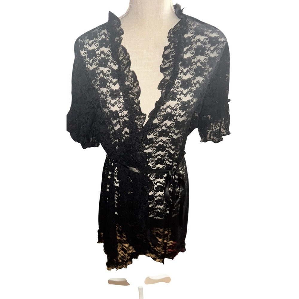 In Bloom by Jonquil Black Floral Lace Ruffle Robe Short Sleeve Medium